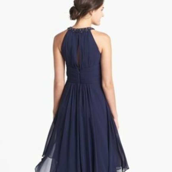 ELIZA J Embellished Tiered Chiffon Halter Gown EVENING BRIDE WEDDING NAVY 2 - Picture 3 of 4